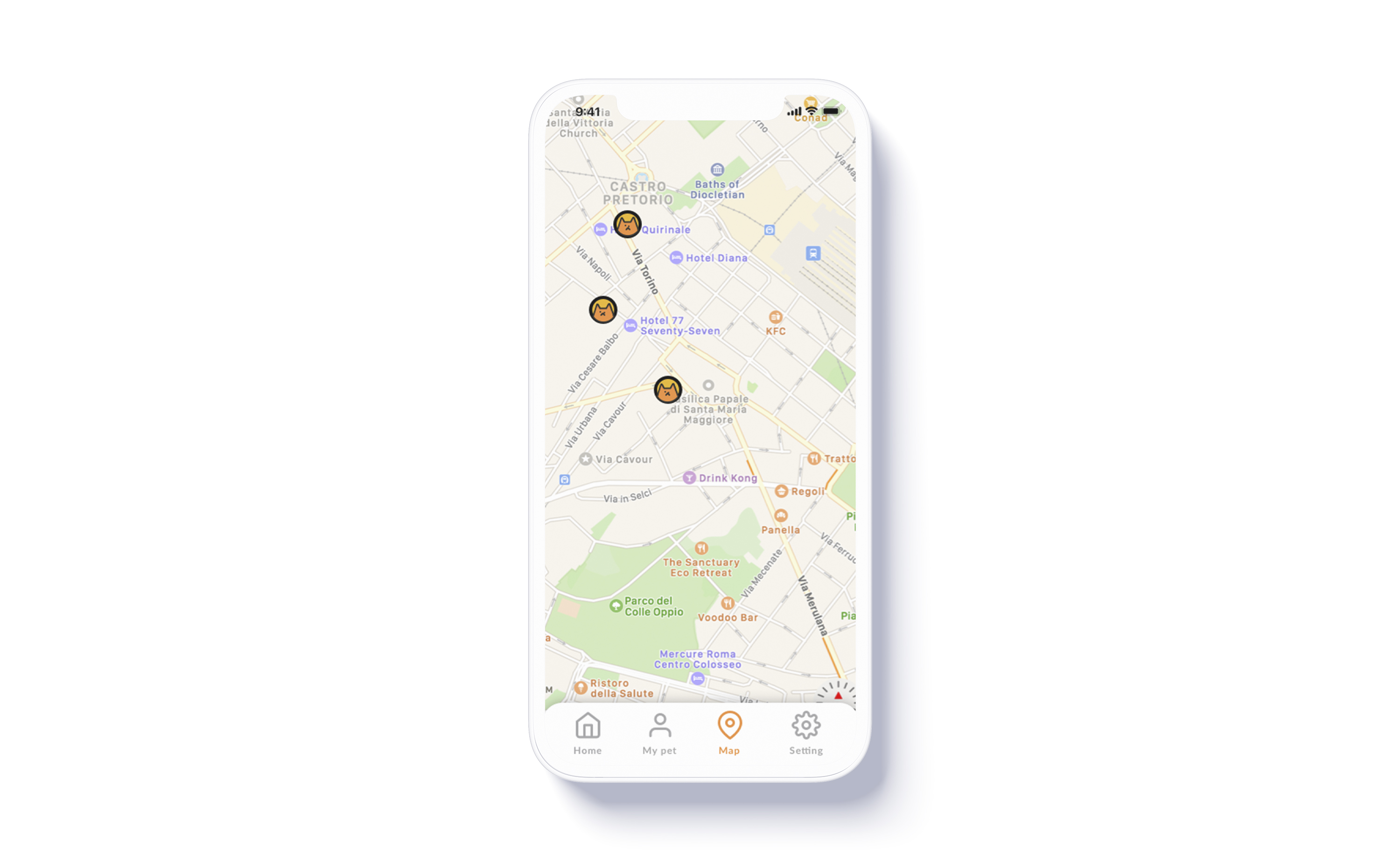 Cat Me — Map view with cat location pins